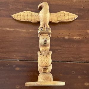 Vintage Quebec Canada Fait Al A Main  Wasagami Wooden 7 1/2 inches Totem Pole
